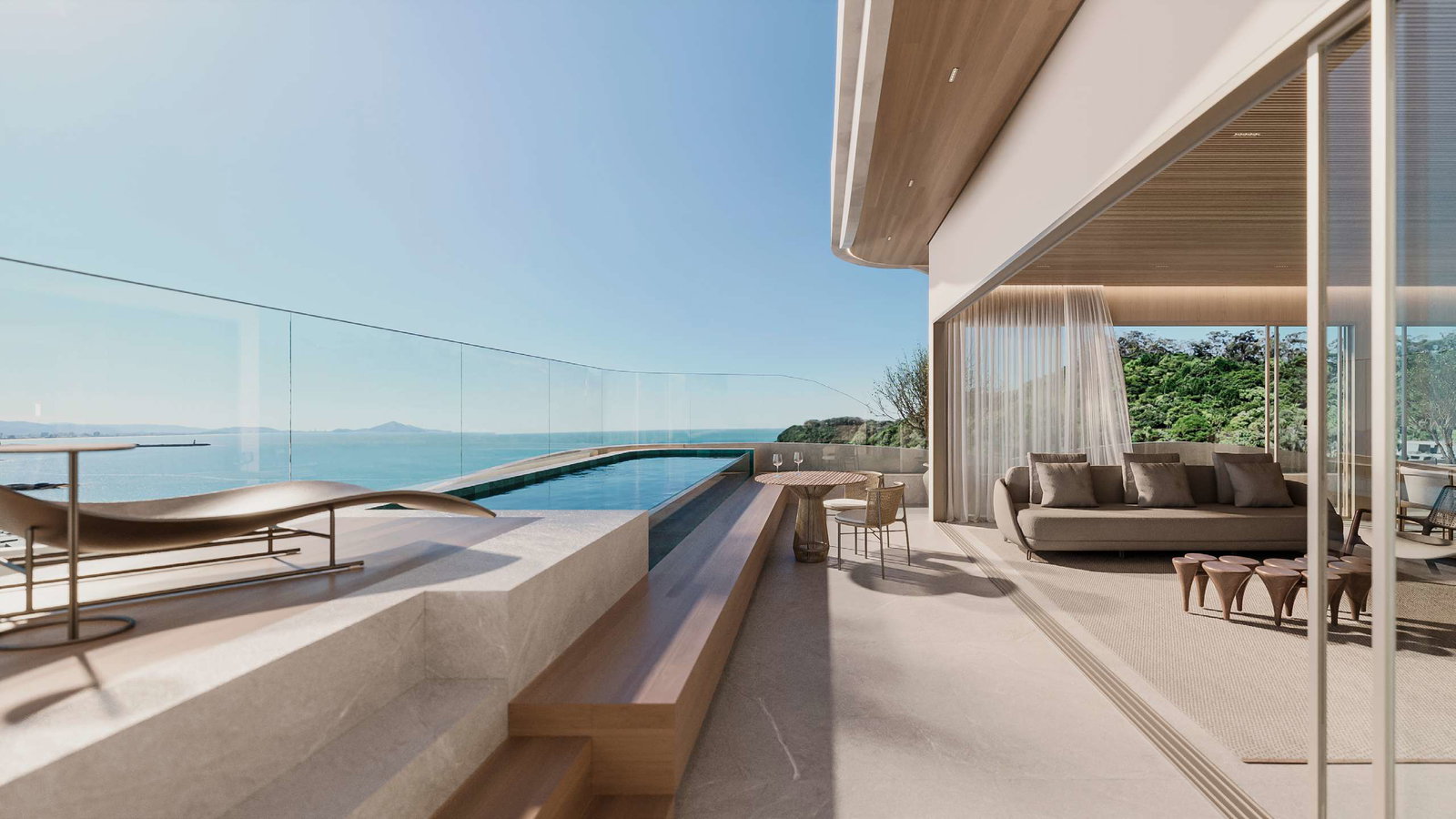 Terraço com piscina privativa e vista para o mar
