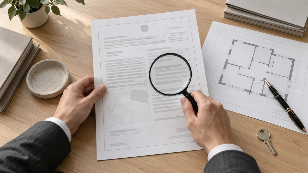 Profissional confere documento registral, planta baixa, lupa e chave sobre mesa clara